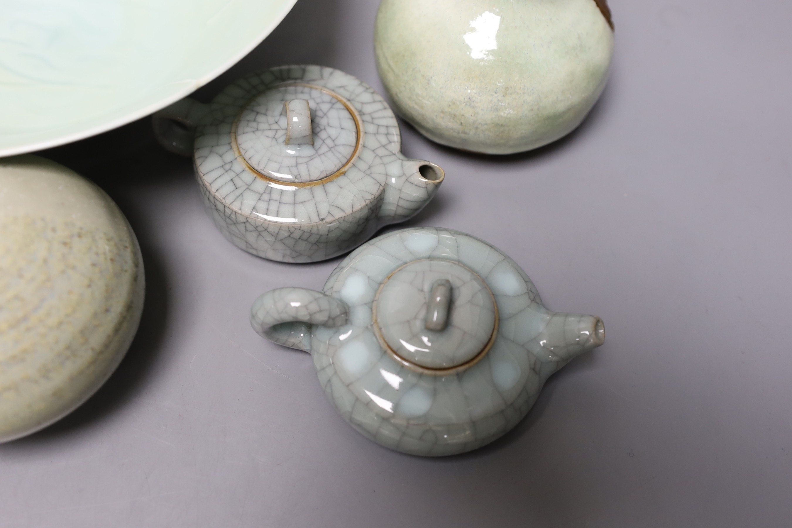 A group of Chinese crackle glaze ceramics, a yellow ground vase, celadon glazed bowl etc